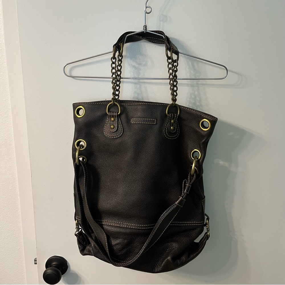 BCBGMAXAZRIA hobo brown leather bag purse satchel 2 ways to wear w/metal accents - Picture 9 of 12